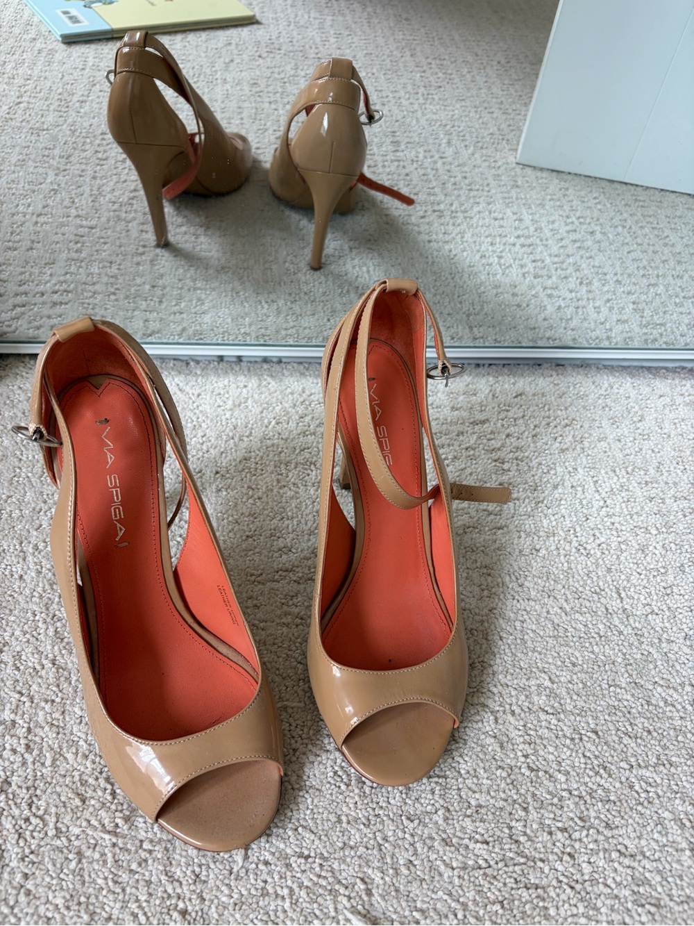 Via Spiga Beige Patent Peep-Toe Ankle Strap Heels
